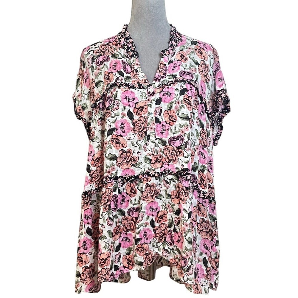 Jane + Delancey Floral Tiered Tunic Blouse Pink Boho Hippie Peasant Spring